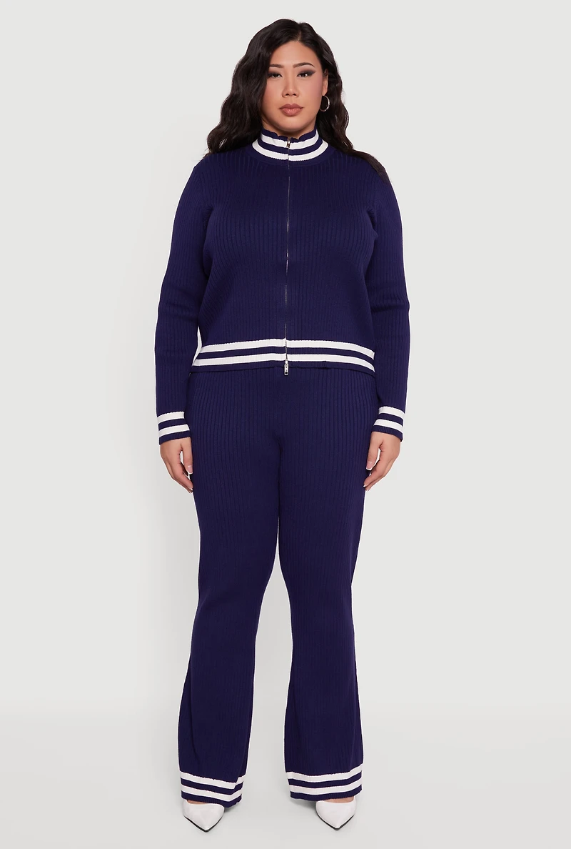Plus Rib Knit Varsity Stripe Zip Front Sweater