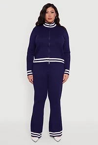 Plus Rib Knit Varsity Stripe Zip Front Sweater