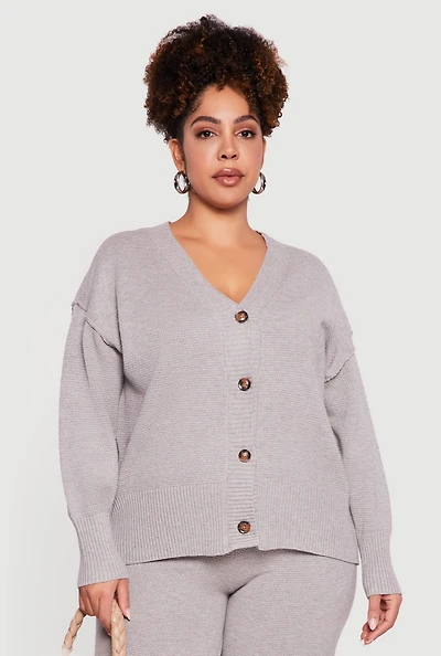 Womens Plus Size Textured Knit Button Front Cardigan, Grey, Size 2X