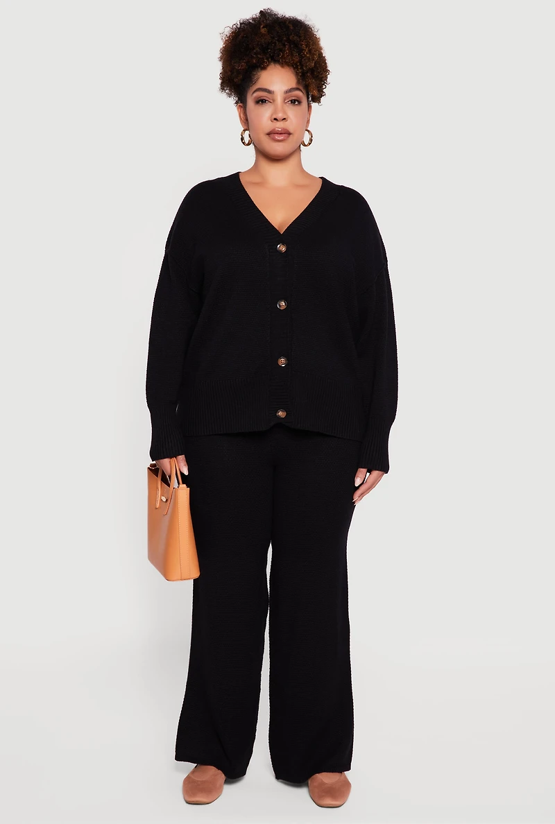 Plus High Waisted Textured Knit Wide Leg Pants