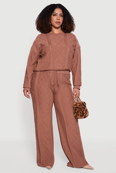 Womens Plus Wide Leg Cable Knit Pants,