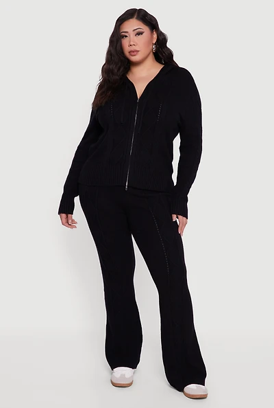 Womens Plus High Waisted Cable Knit Flare Leg Pants,