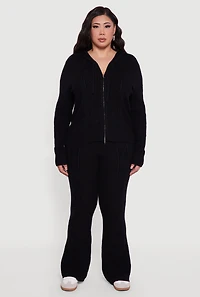 Womens Plus Size High Waisted Cable Knit Flare Leg Pants, Black, Size 2X