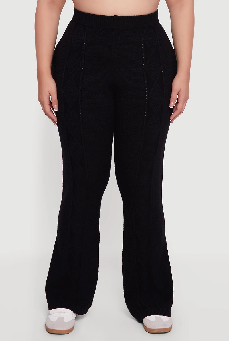 Womens Plus Size High Waisted Cable Knit Flare Leg Pants, Black, Size 2X