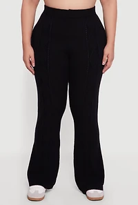 Womens Plus Size High Waisted Cable Knit Flare Leg Pants, Black, Size 2X