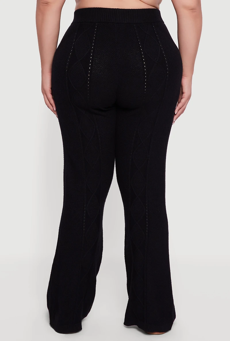 Womens Plus Size High Waisted Cable Knit Flare Leg Pants, Black, Size 2X