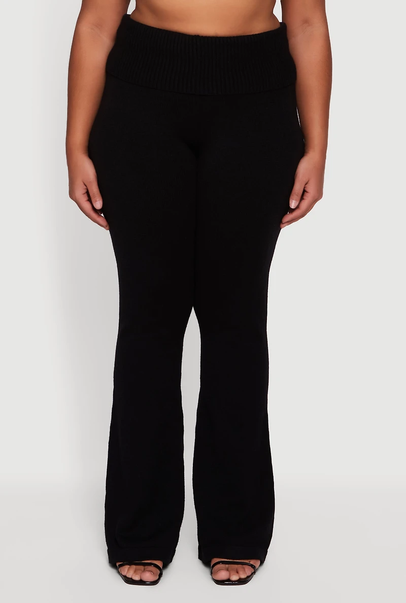 Womens Plus Size Fold Over Pull On Flare Pants, Black, Size 3X