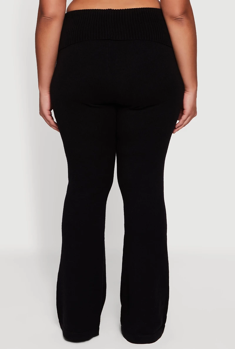 Womens Plus Size Fold Over Pull On Flare Pants, Black, Size 3X