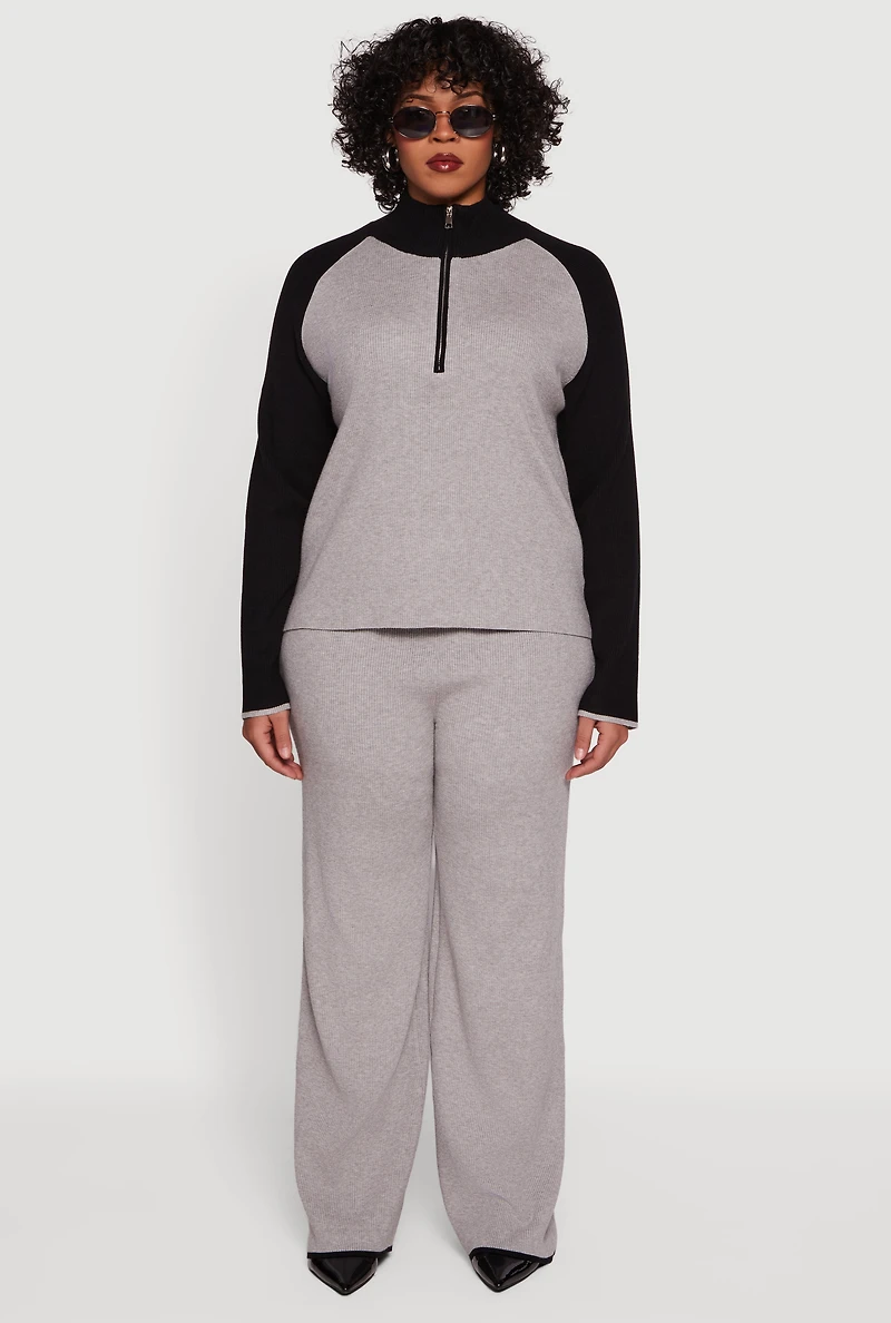 Plus Rib Knit Pull On High Waisted Wide Leg Pants