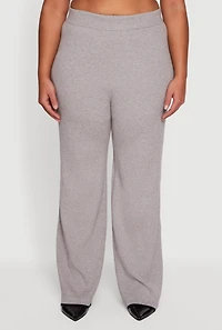 Plus Rib Knit Pull On High Waisted Wide Leg Pants