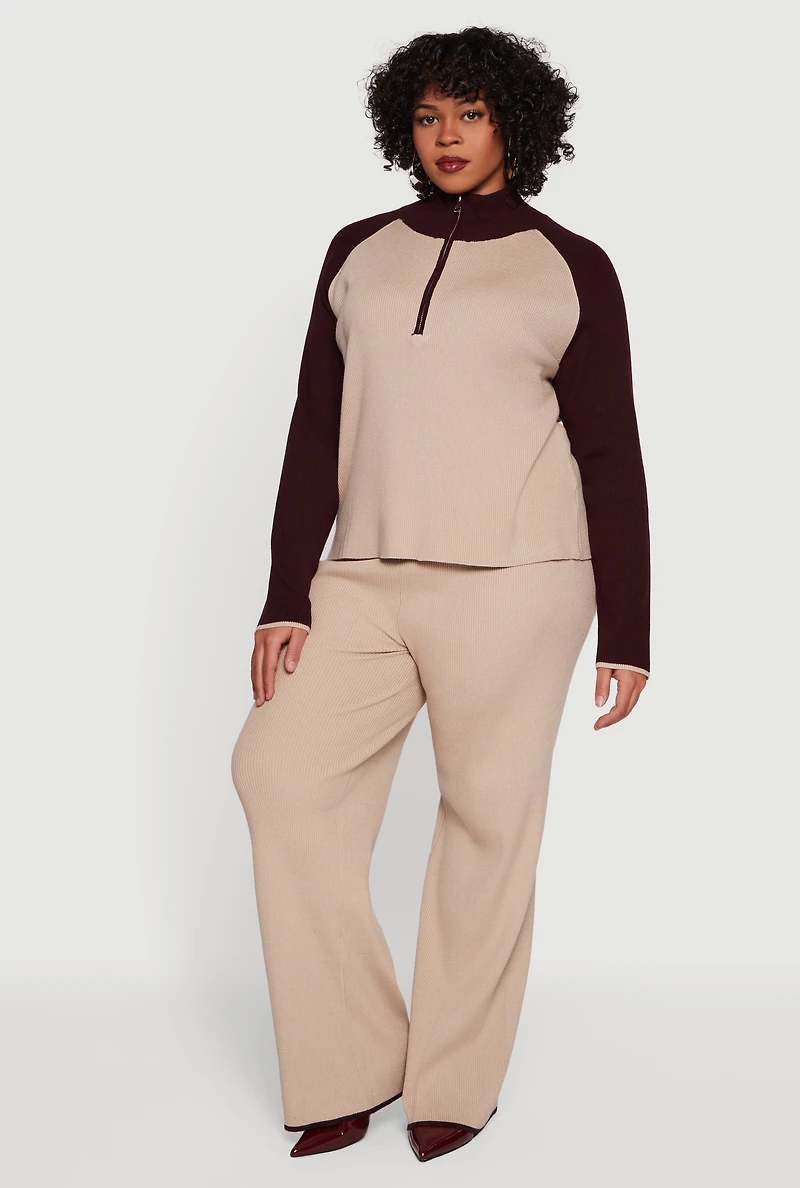 Womens Plus Rib Knit Pull On High Waisted Wide Leg Pants,