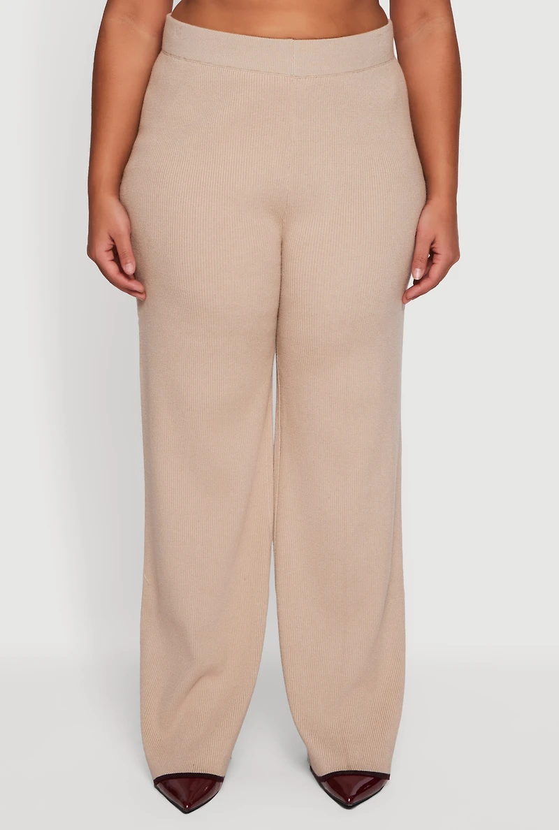 Womens Plus Rib Knit Pull On High Waisted Wide Leg Pants,