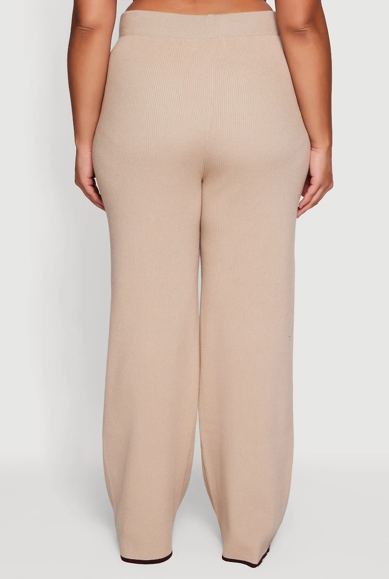 Womens Plus Rib Knit Pull On High Waisted Wide Leg Pants,