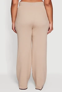 Womens Plus Rib Knit Pull On High Waisted Wide Leg Pants,