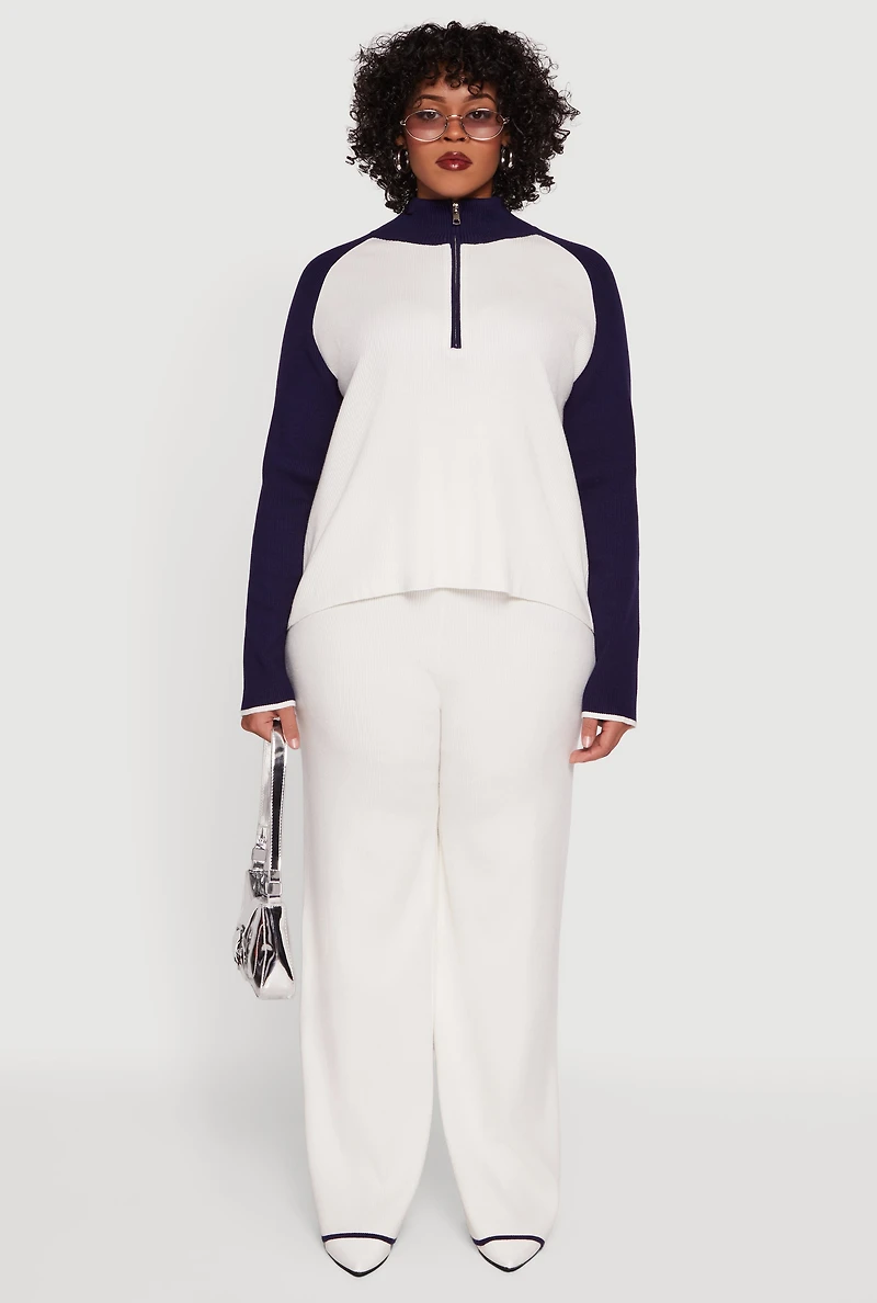 Womens Plus Size Rib Knit Pull On High Waisted Wide Leg Pants, White, Size 2X