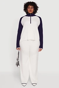 Womens Plus Size Rib Knit Pull On High Waisted Wide Leg Pants, White, Size 2X