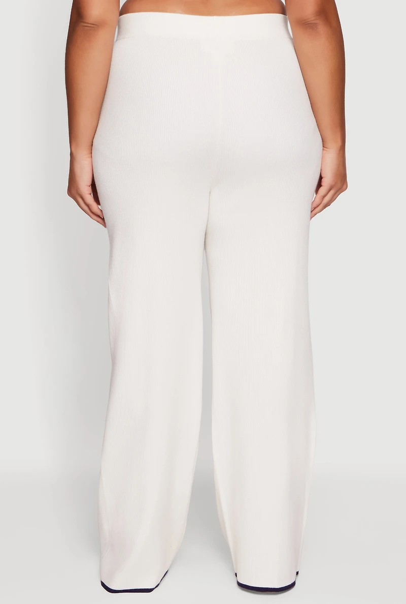 Womens Plus Size Rib Knit Pull On High Waisted Wide Leg Pants, White, Size 2X