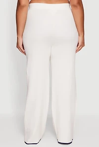 Womens Plus Size Rib Knit Pull On High Waisted Wide Leg Pants, White, Size 2X
