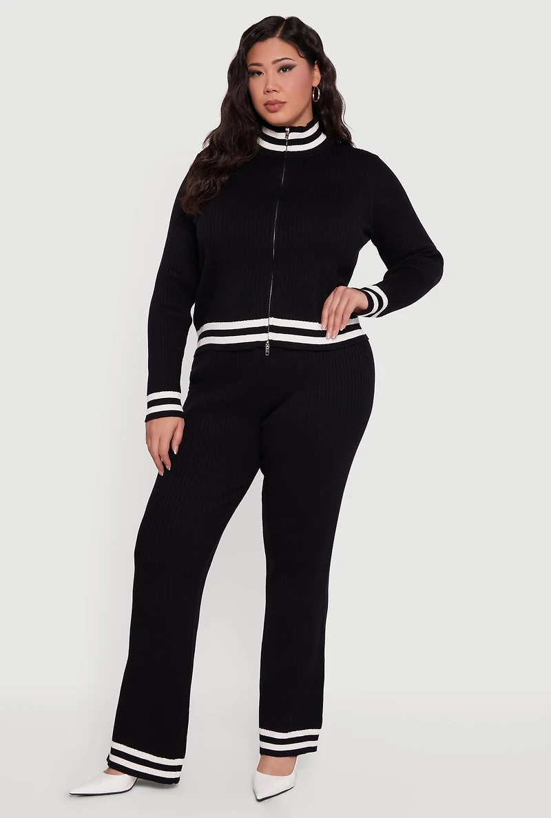 Womens Plus Varsity Stripe High Waisted Pull On Flare Pants, Black,