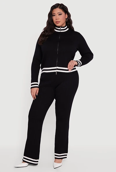 Womens Plus Varsity Stripe High Waisted Pull On Flare Pants, Black,