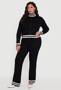 Womens Plus Varsity Stripe High Waisted Pull On Flare Pants, Black,