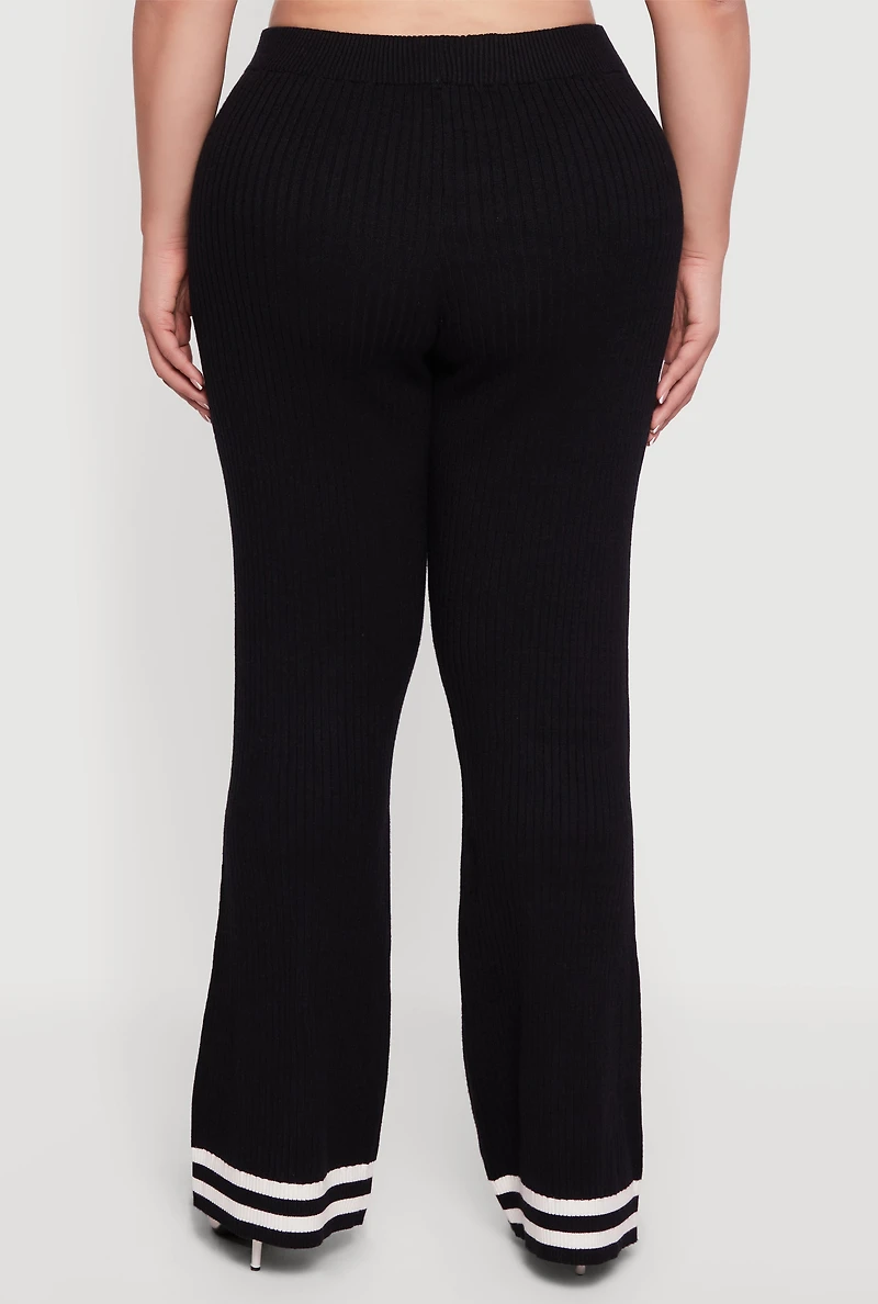 Womens Plus Varsity Stripe High Waisted Pull On Flare Pants, Black,