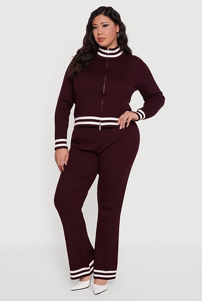 Plus Varsity Stripe High Waisted Pull On Flare Pants