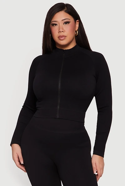 Plus Rib Knit Mock Neck Zip Front Jacket