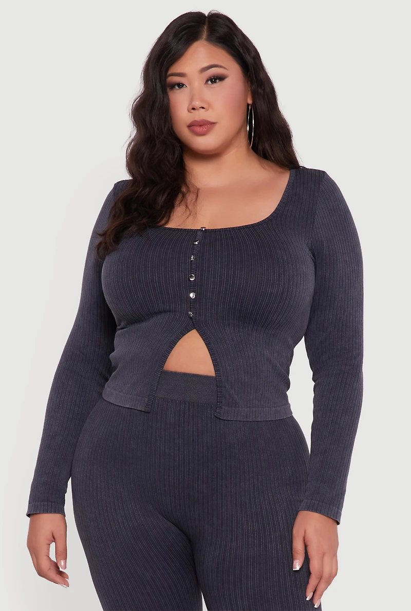 Womens Plus Size Rib Knit Square Neck Faux Button Active Top, Grey, Size 1X-2X