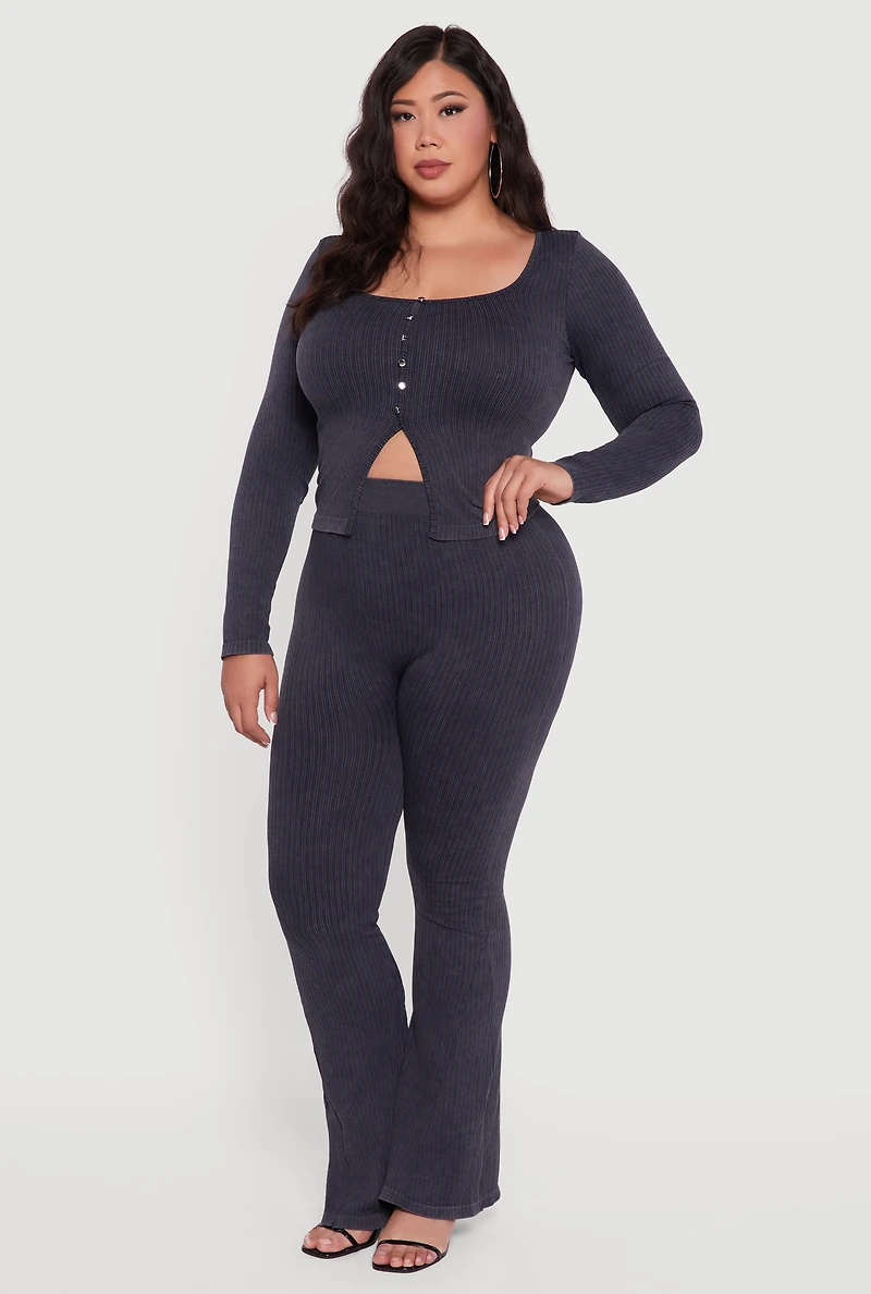 Womens Plus Size Rib Knit Square Neck Faux Button Active Top, Grey, Size 1X-2X