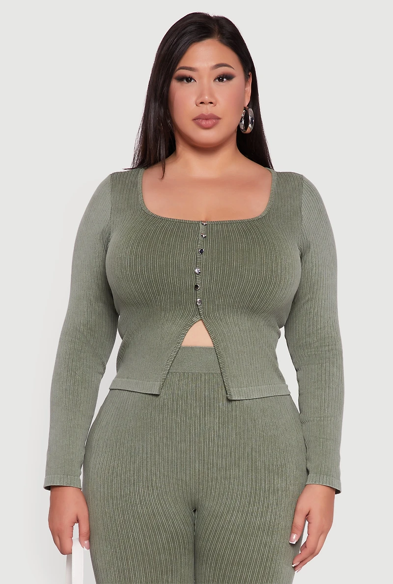 Womens Plus Size Rib Knit Square Neck Faux Button Active Top, Green, Size 1X-2X