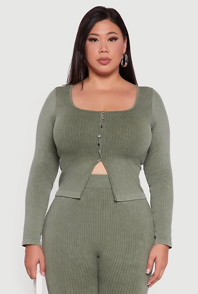Womens Plus Size Rib Knit Square Neck Faux Button Active Top, Green, Size 1X-2X