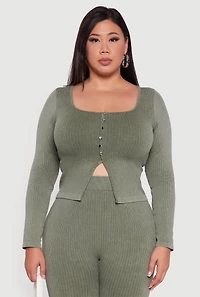 Womens Plus Size Rib Knit Square Neck Faux Button Active Top, Green, Size 1X-2X
