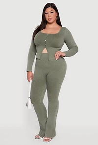 Womens Plus Size Rib Knit Square Neck Faux Button Active Top, Green, Size 1X-2X