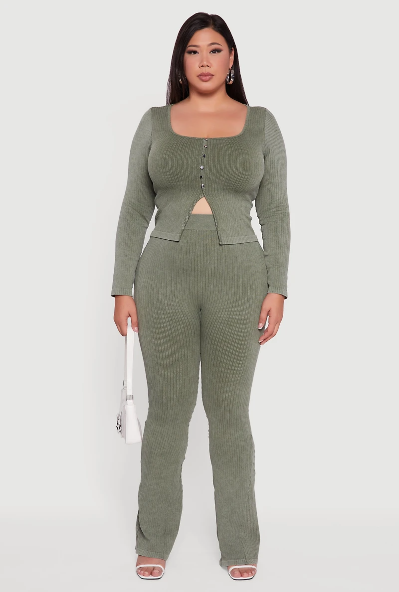 Womens Plus Size Rib Knit Square Neck Faux Button Active Top, Green, Size 1X-2X