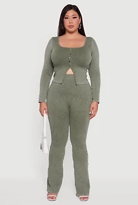 Womens Plus Size Rib Knit Square Neck Faux Button Active Top, Green, Size 1X-2X