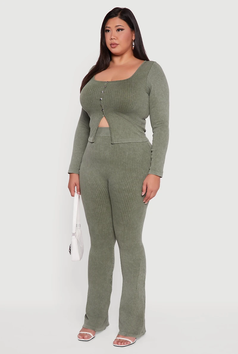 Womens Plus Size Rib Knit Square Neck Faux Button Active Top, Green, Size 1X-2X