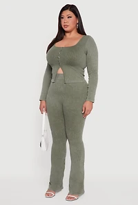 Womens Plus Size Rib Knit Square Neck Faux Button Active Top, Green, Size 1X-2X