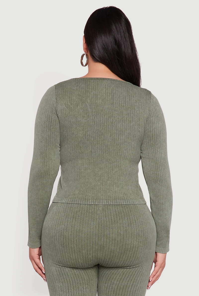 Womens Plus Size Rib Knit Square Neck Faux Button Active Top, Green, Size 1X-2X