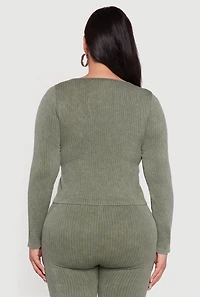 Womens Plus Size Rib Knit Square Neck Faux Button Active Top, Green, Size 1X-2X