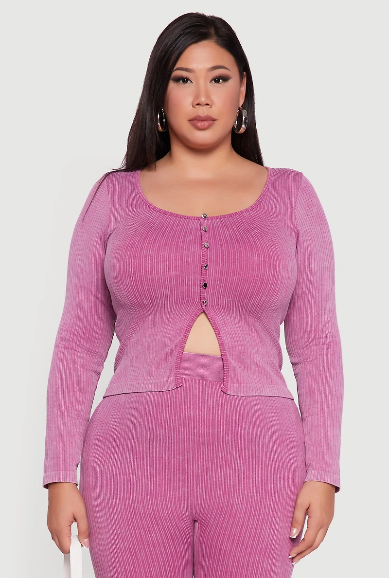 Womens Plus Size Rib Knit Square Neck Faux Button Active Top, Purple, Size 2X-3X