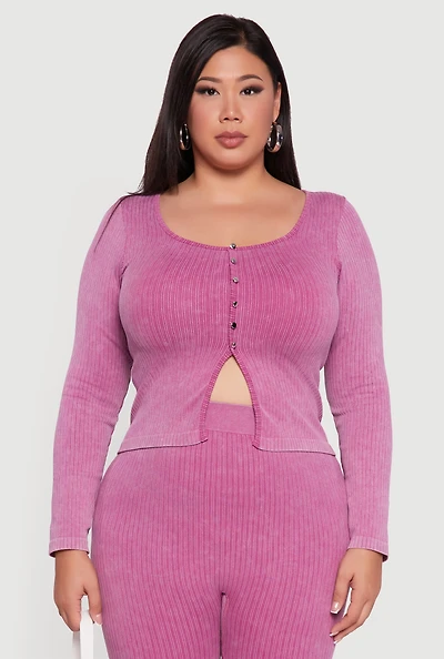 Womens Plus Size Rib Knit Square Neck Faux Button Active Top, Purple, Size 2X-3X