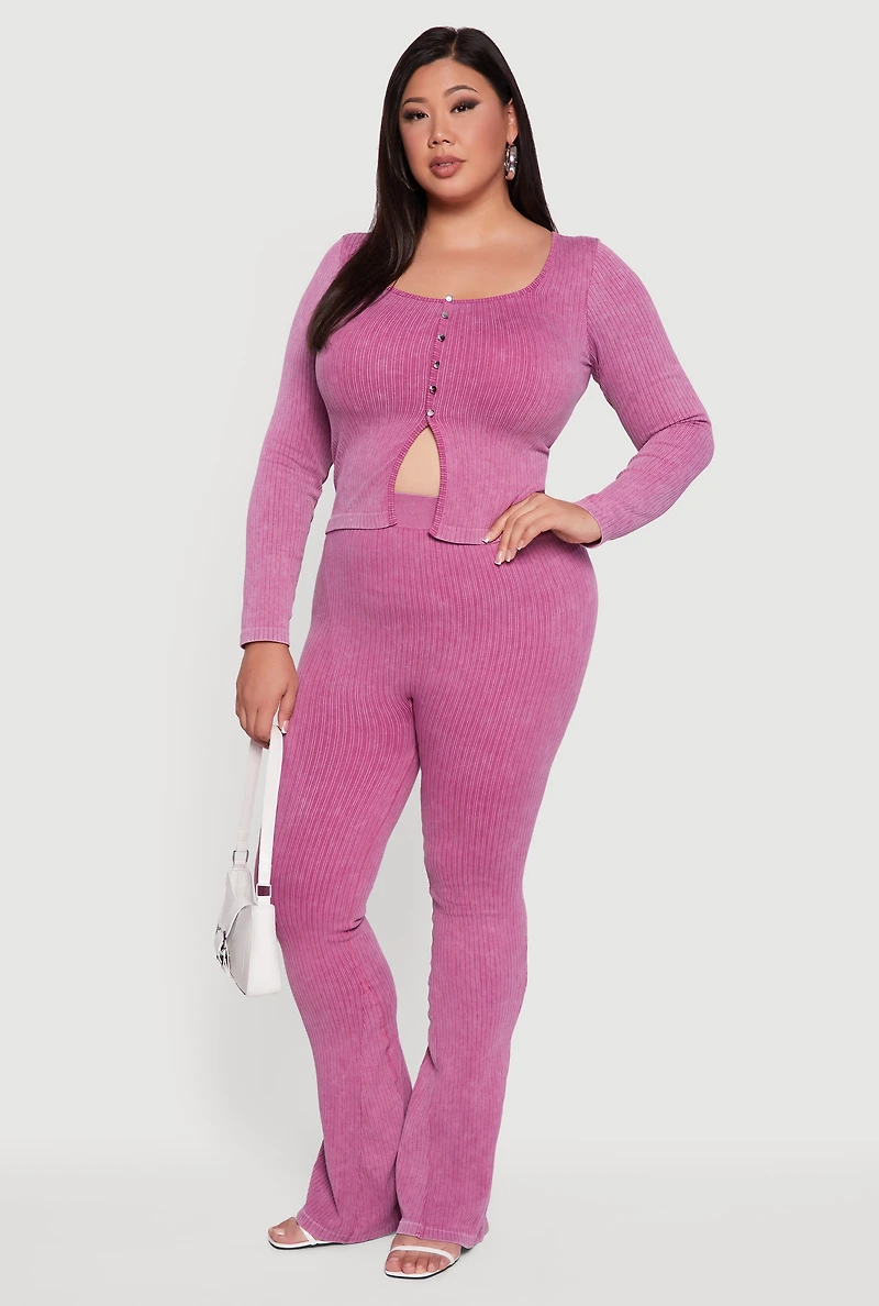 Womens Plus Size Rib Knit Square Neck Faux Button Active Top, Purple, Size 2X-3X
