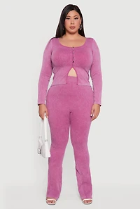 Womens Plus Size Rib Knit Square Neck Faux Button Active Top, Purple, Size 2X-3X