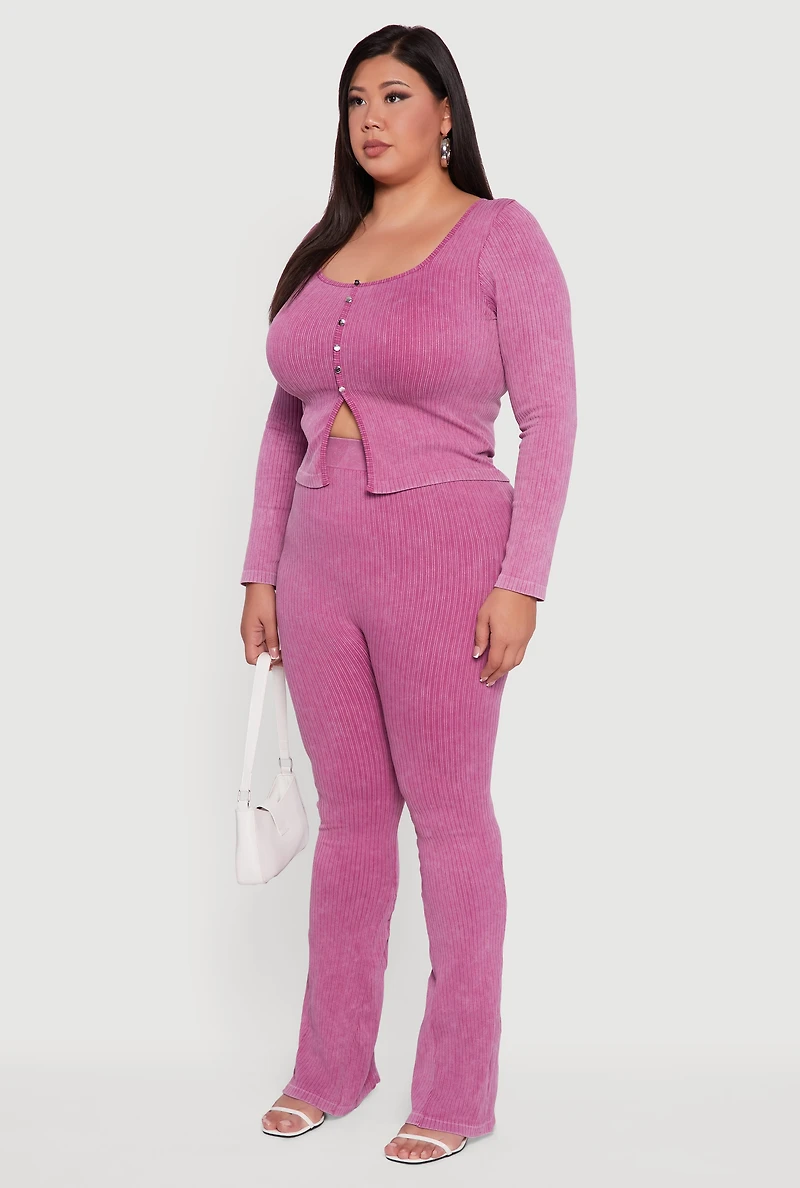 Womens Plus Size Rib Knit Square Neck Faux Button Active Top, Purple, Size 2X-3X