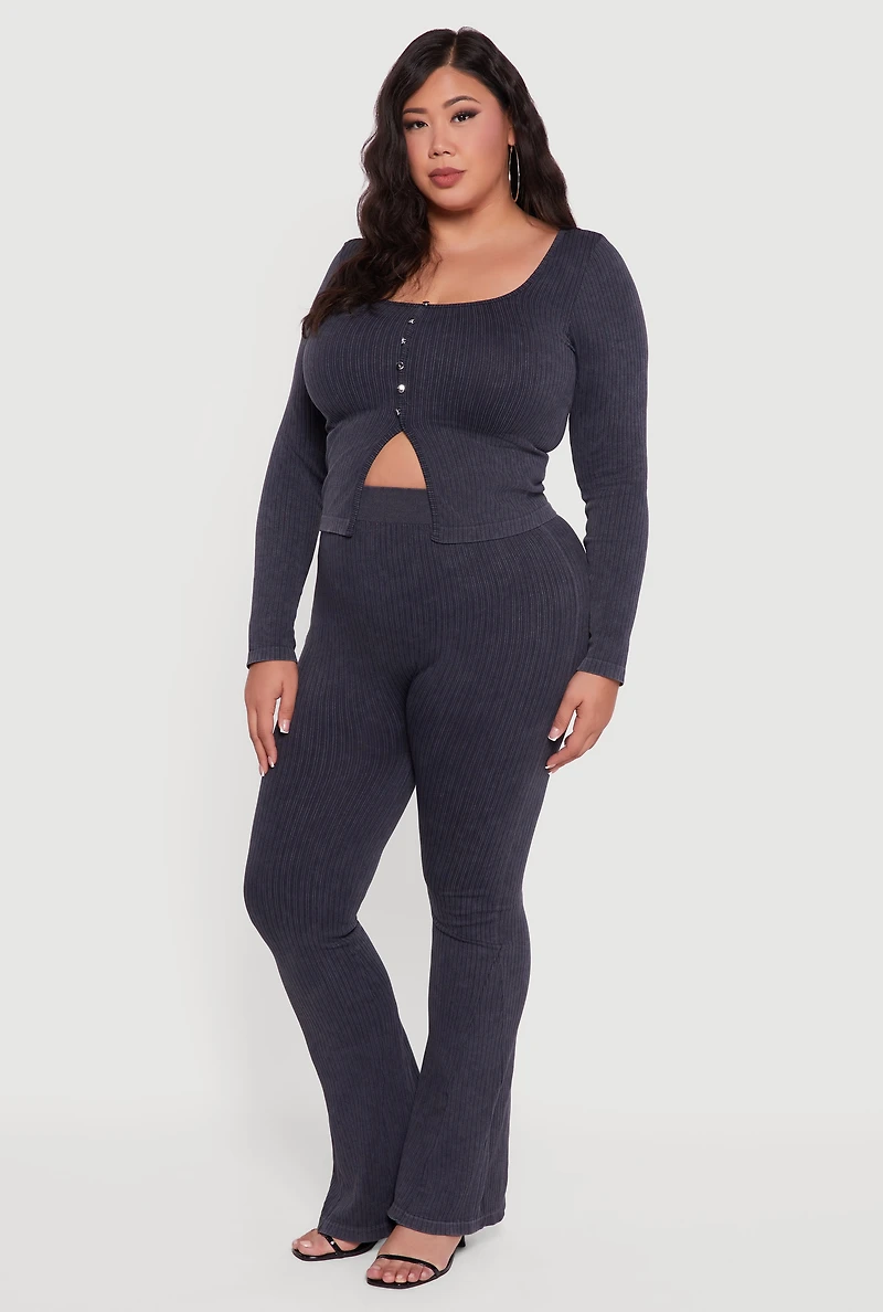 Womens Plus Size High Waisted Ribbed Knit Bootcut Leggings, Grey, Size 2X-3X