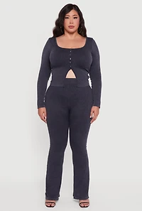 Womens Plus Size High Waisted Ribbed Knit Bootcut Leggings, Grey, Size 2X-3X