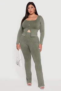 Womens Plus Size High Waisted Ribbed Knit Bootcut Leggings, Green, Size 2X-3X
