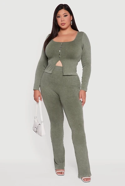 Womens Plus Size High Waisted Ribbed Knit Bootcut Leggings, Green, Size 1X-2X