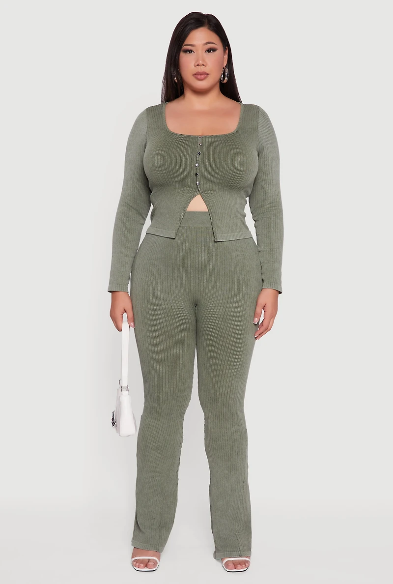 Womens Plus Size High Waisted Ribbed Knit Bootcut Leggings, Green, Size 2X-3X